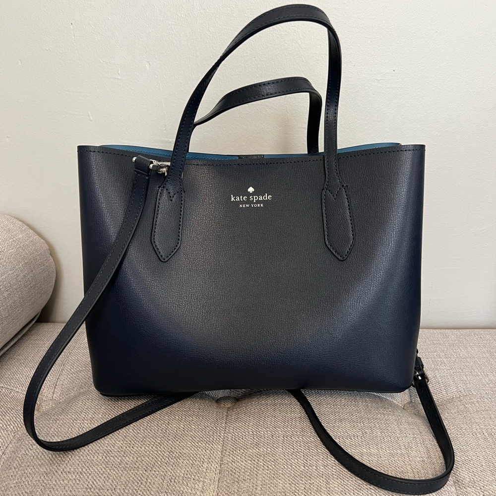 kate spade navy leather tote with teal trim